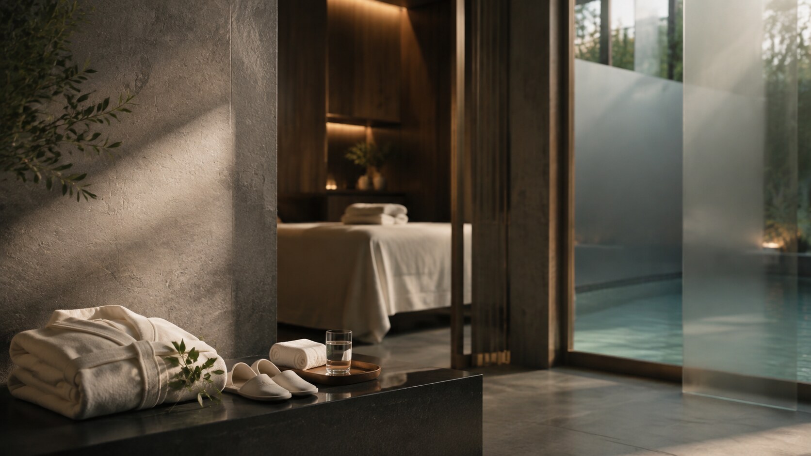 Spa robe, slippers and pool setting for an autumn spa break