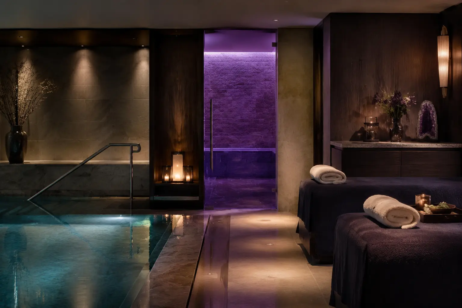 Editorial view of a refined London hotel spa with a vitality pool and amethyst-toned steam room