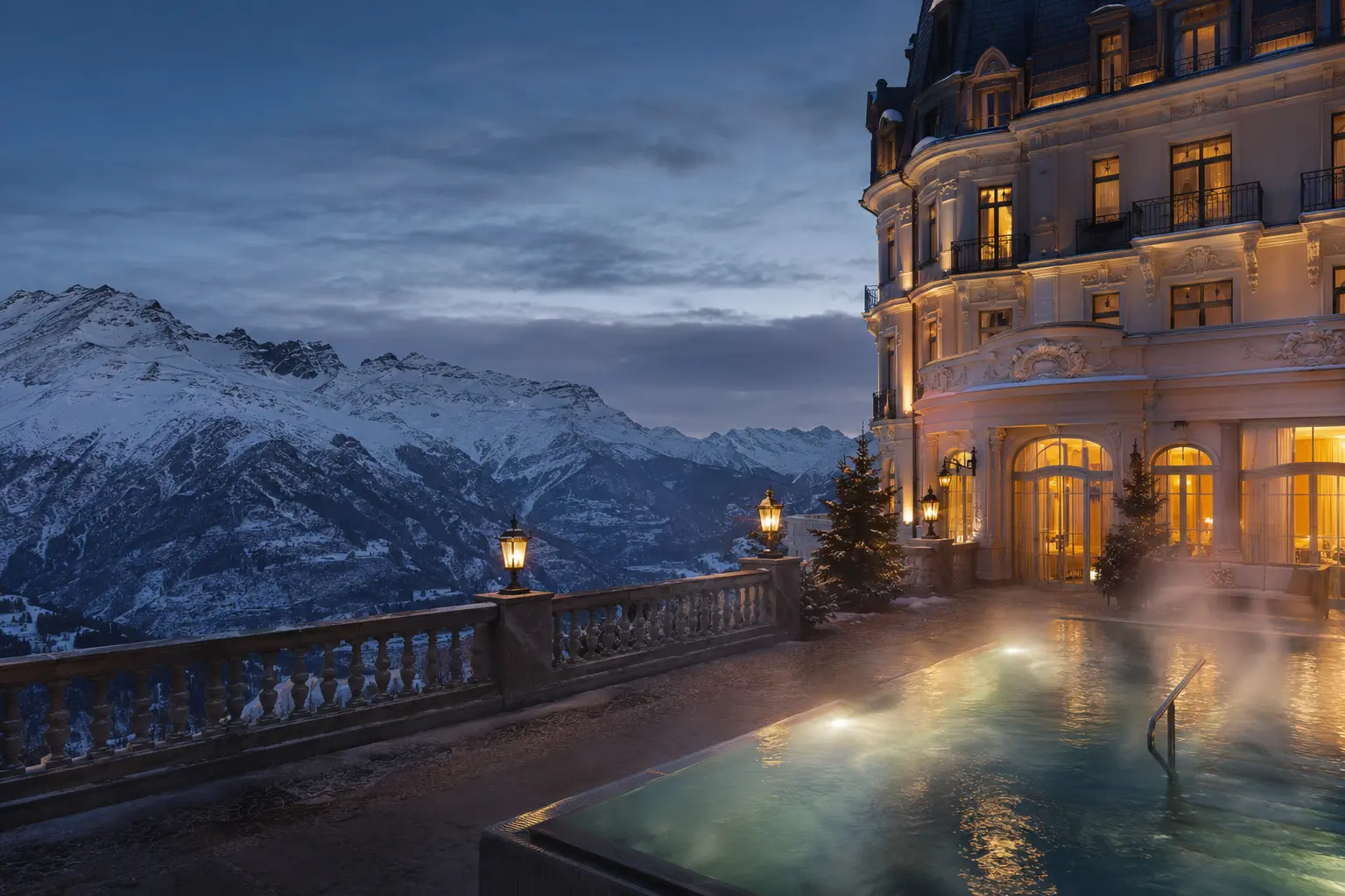 Editorial view of a Swiss alpine spa hotel at blue hour