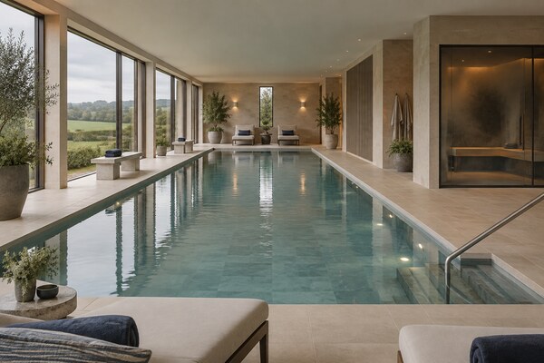 Indoor spa swimming pool overlooking the Hampshire countryside
