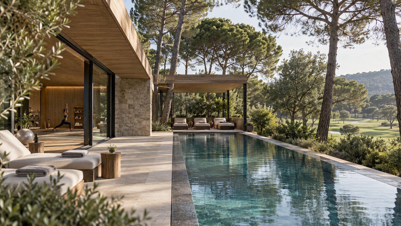 Woodland wellness pavilion with a lap pool, movement studio and Catalan golf landscape
