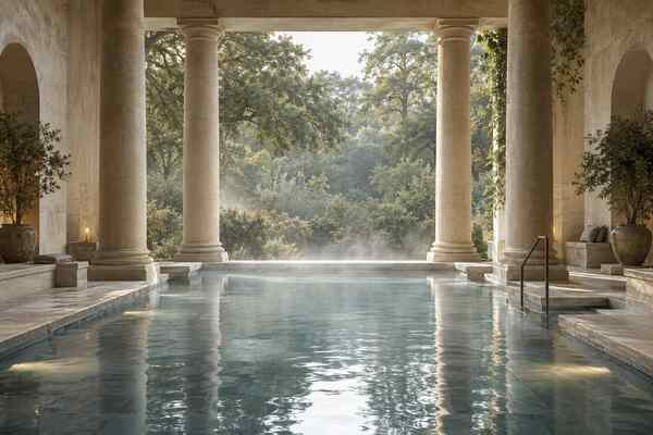 Roman-inspired thermal pool opening towards mature Oxfordshire woodland