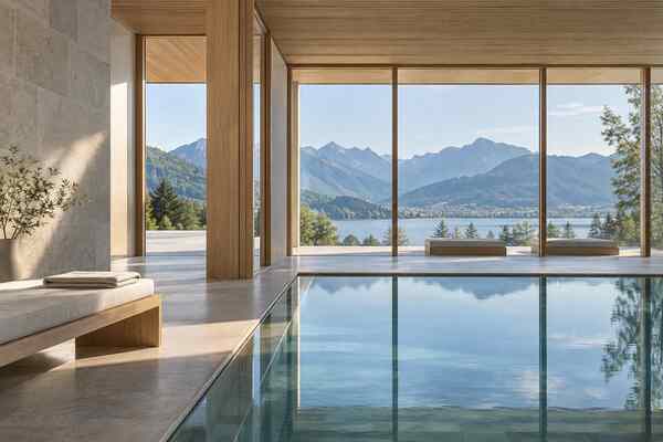 Minimal therapeutic pool overlooking Lake Tegernsee and the Bavarian Alps