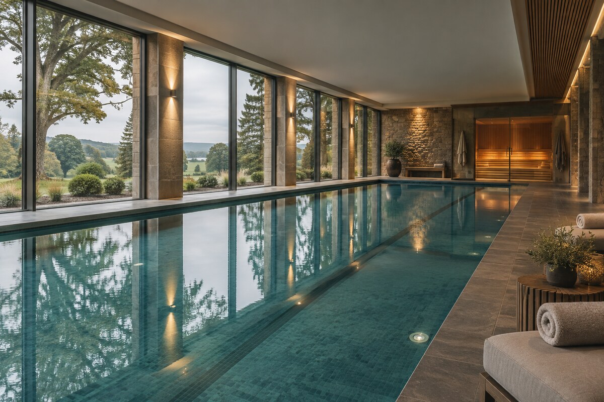 Editorial view of a calm indoor spa pool and sauna overlooking Scottish parkland
