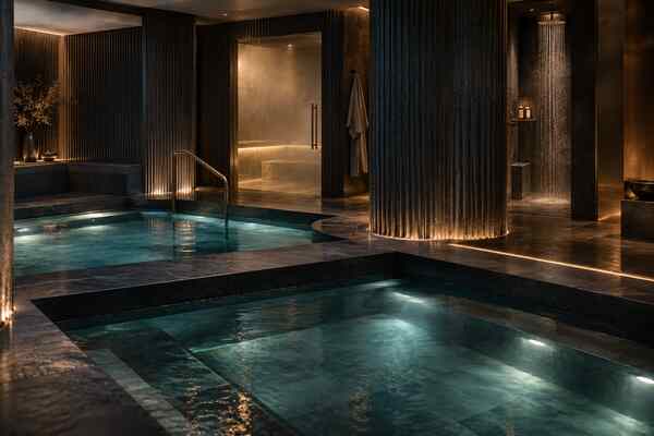 Dark thermal suite with vitality pools and an experience shower