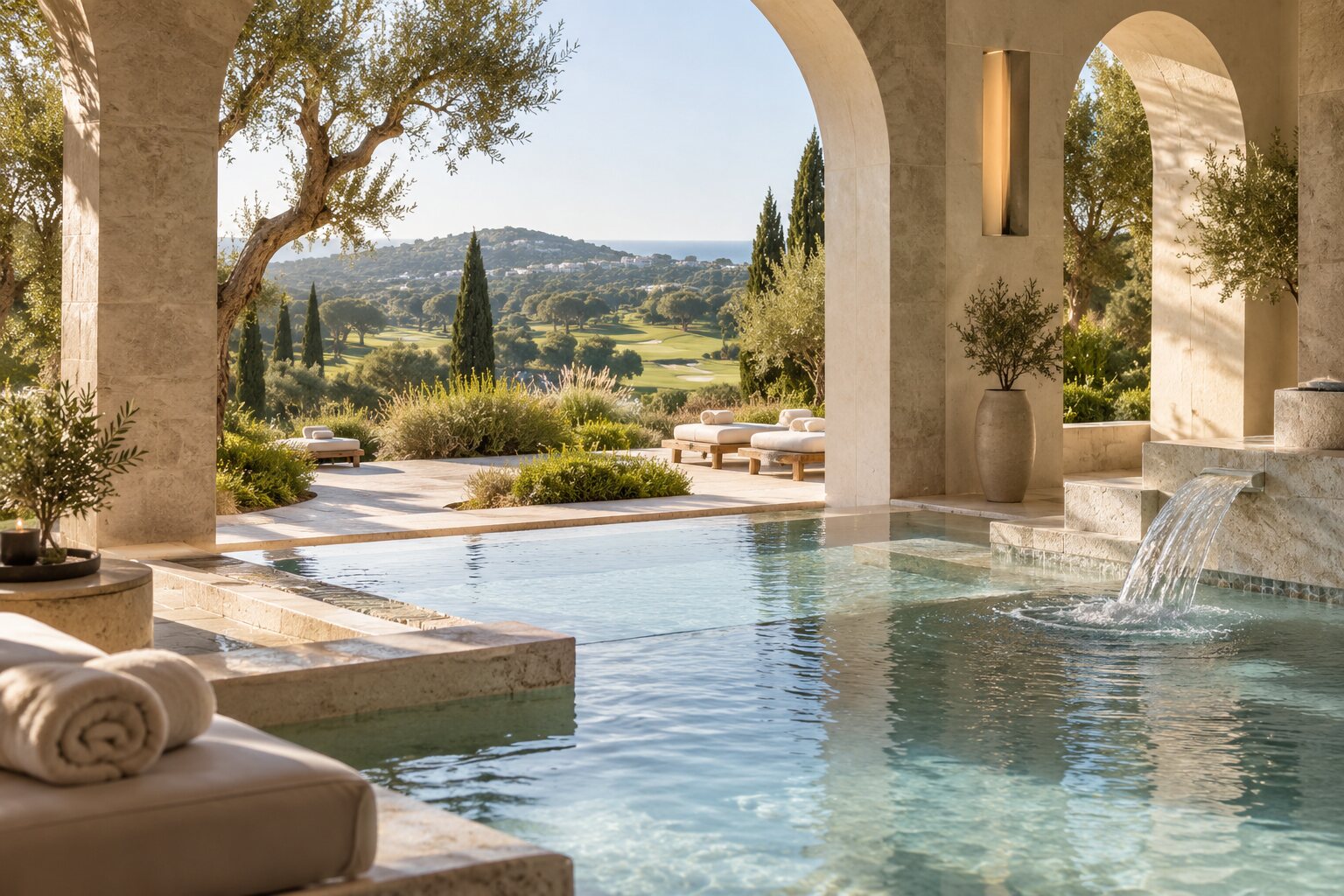 Sunlit Mediterranean hydrotherapy pool overlooking an Andalusian golf landscape
